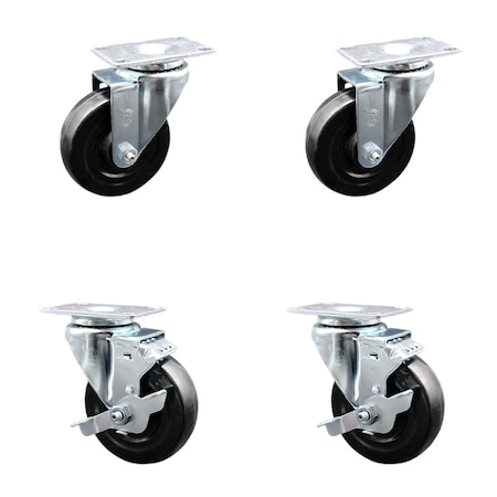 4 Inch Hard Rubber Wheel Swivel Top Plate Caster Set With 2 Brakes SCC